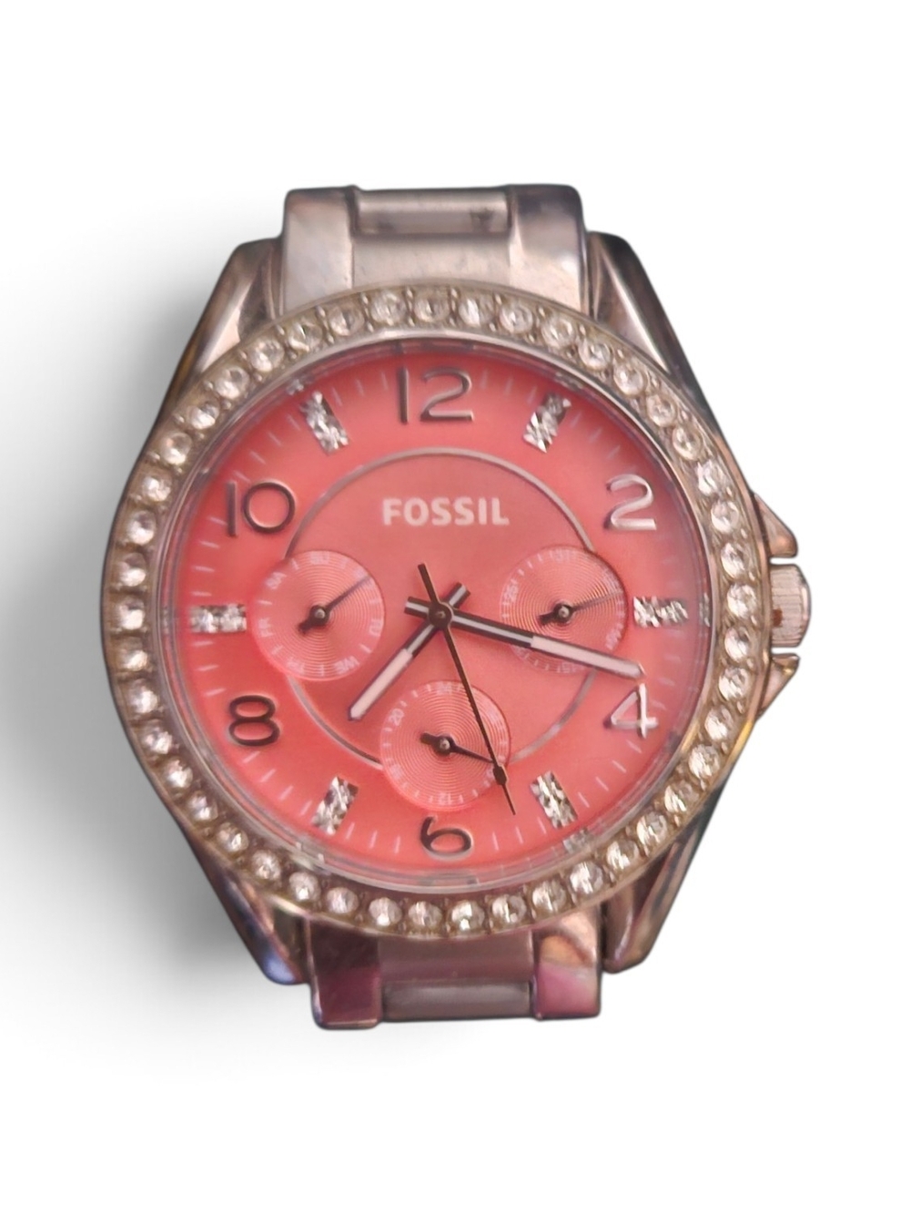 Fossil Riley ES3726 Coral Pink Crystal Bezel Multifunction Watch